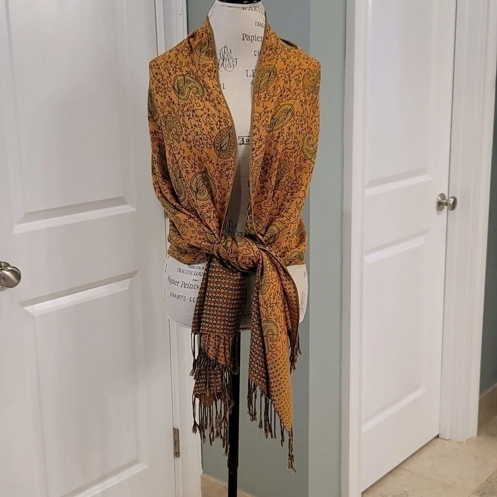 Pashmina Shawl Burnt Orange And Green Paisley Cashmere And Silk Blend